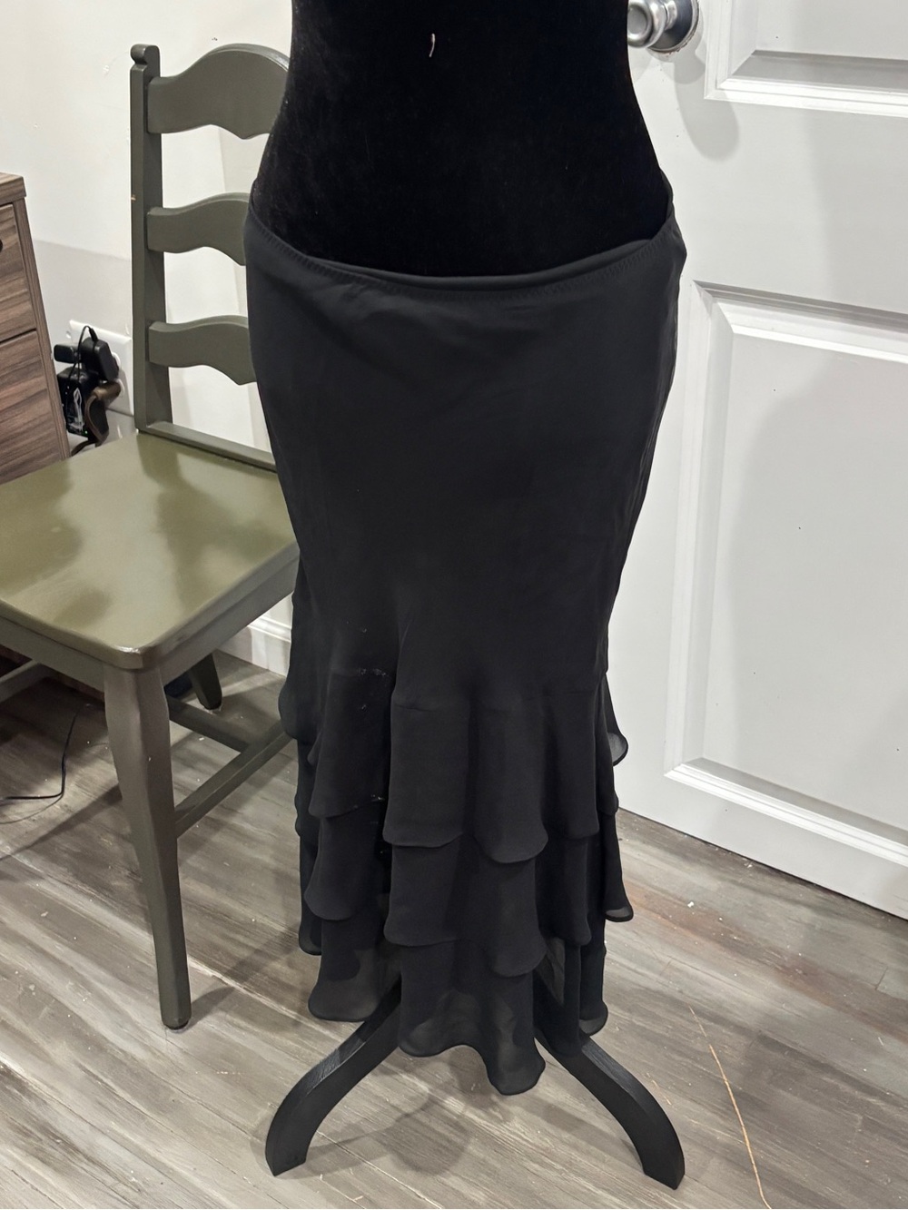 Express Silk Black Tiered Ruffle Maxi Skirt with Flounce Hem